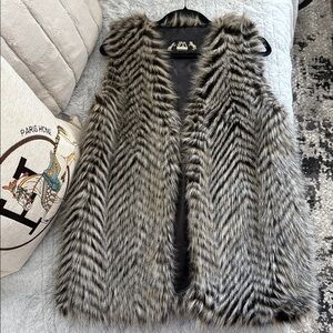 Faux Fox Fur Vest in Black and Brown Chevron Herringbone Winter Chic